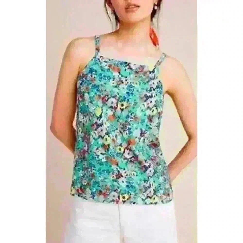 Maeve x Anthropologie Sz 0 Quinn Tank Top Green Floral Summer Boho Trendy Cute